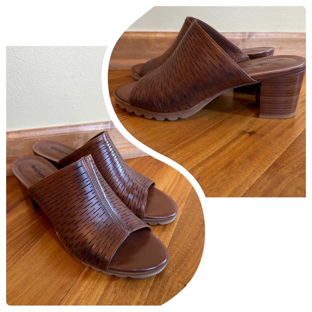 Walking Cradles Nia style brown leather mule sandal. 2.5” heel